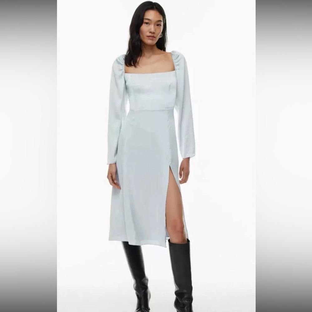Aritzia Wilfred Bridgerton Dress‎ Sz 00 Satin Midi Light Blue Slit Square Neck